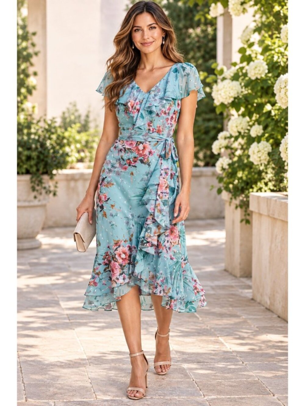 Eliza J Floral Ruffle Midi Dress Aqua Metallic Size 4